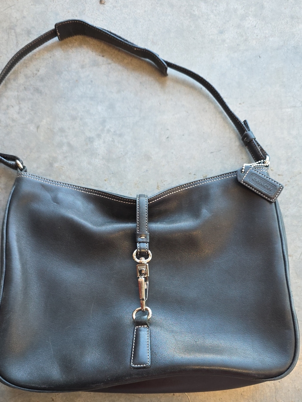 Coach Black Leather Shoulder Bag with Silver-Tone Clasp